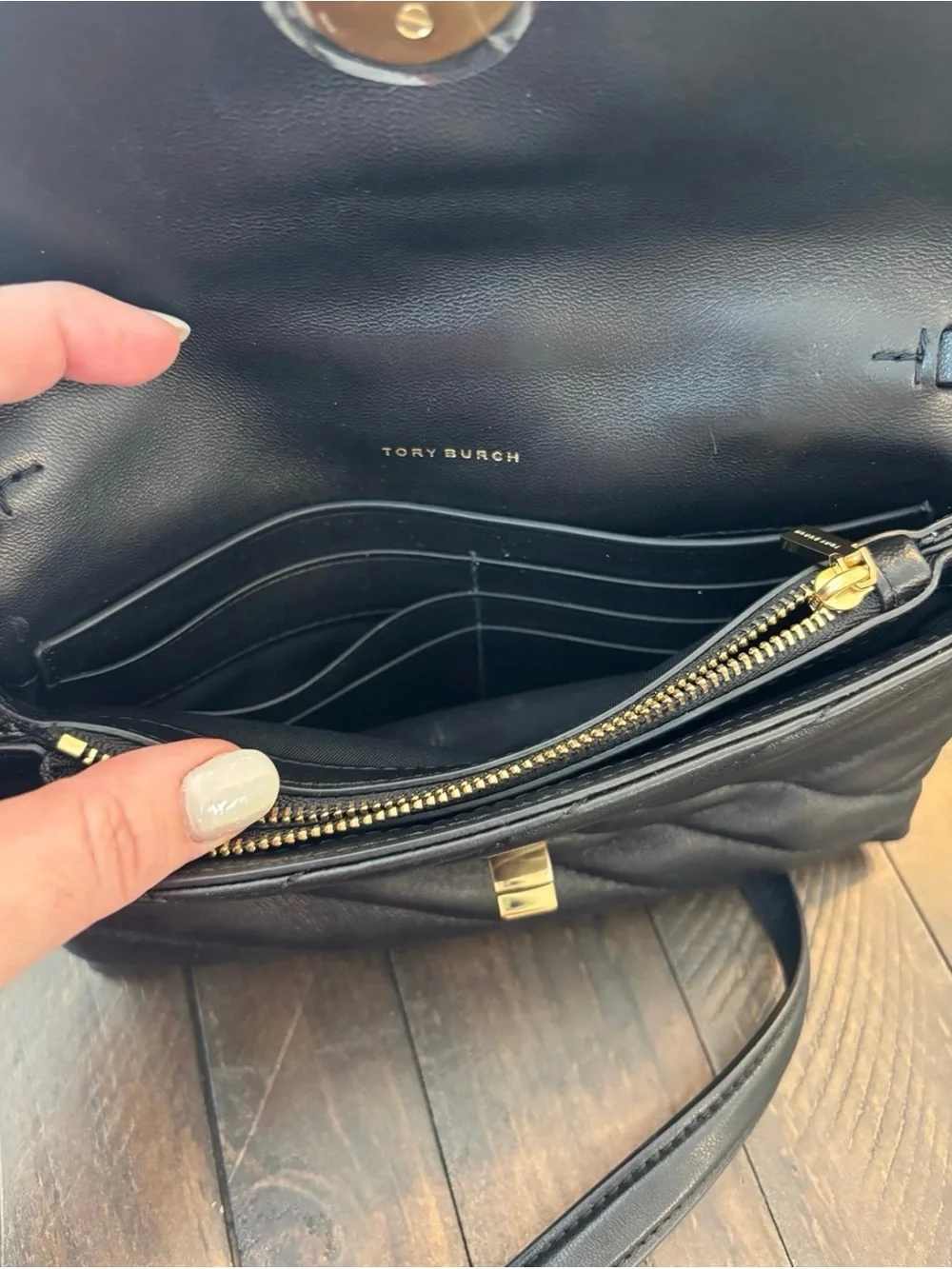 Tory Burch Black Quilted Leather Chevron Crossbody with Gold Hardware